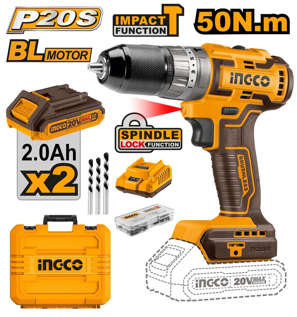 CORDLESS IMPACT DRILL BRUSHLESS INGCO (CIDLI20508)