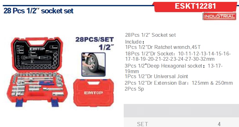 28 PCS 1/2" SOCKET SET EMTOP (ESKT12281)