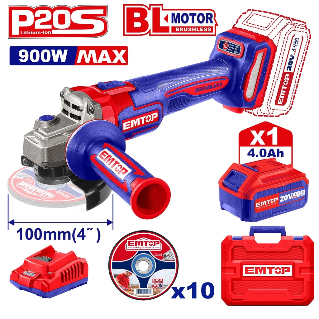 CORDLESS ANGLE GRINDER 100MM EMTOP (ELAG211041)