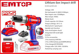 CORDLESS IMPACT DRILL 20V EMTOP (ECIDL6200128)