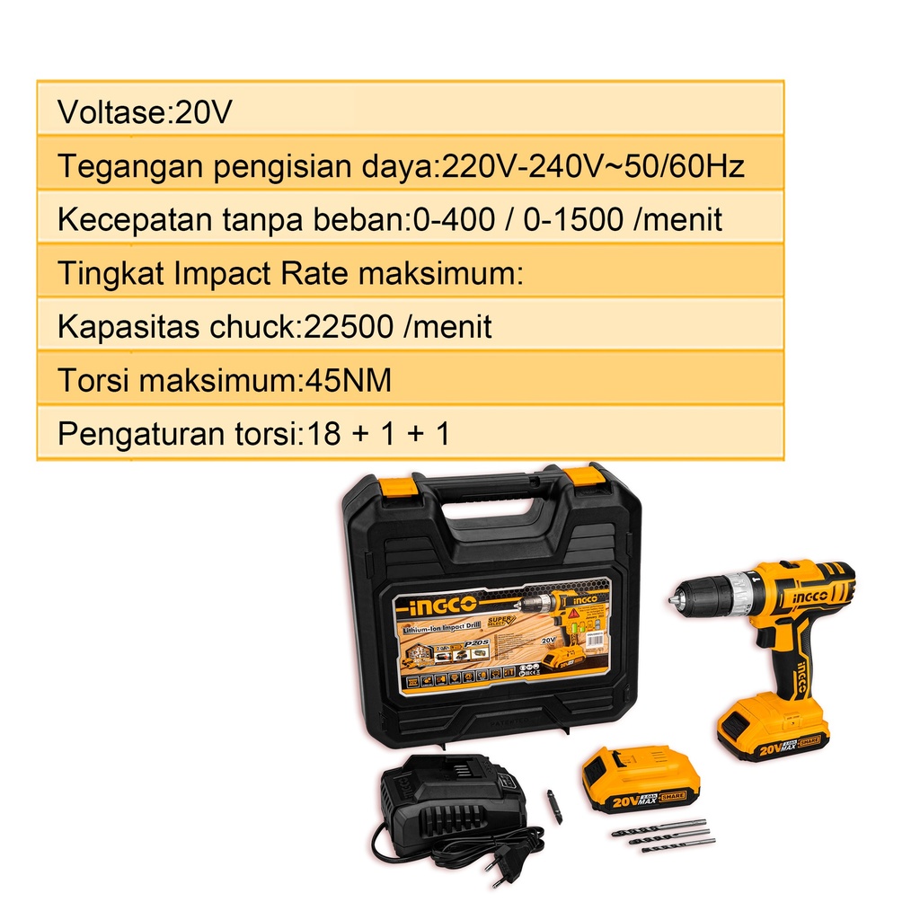 CORDLESS IMPACT DRILL 20V INGCO (CIDLI200215)