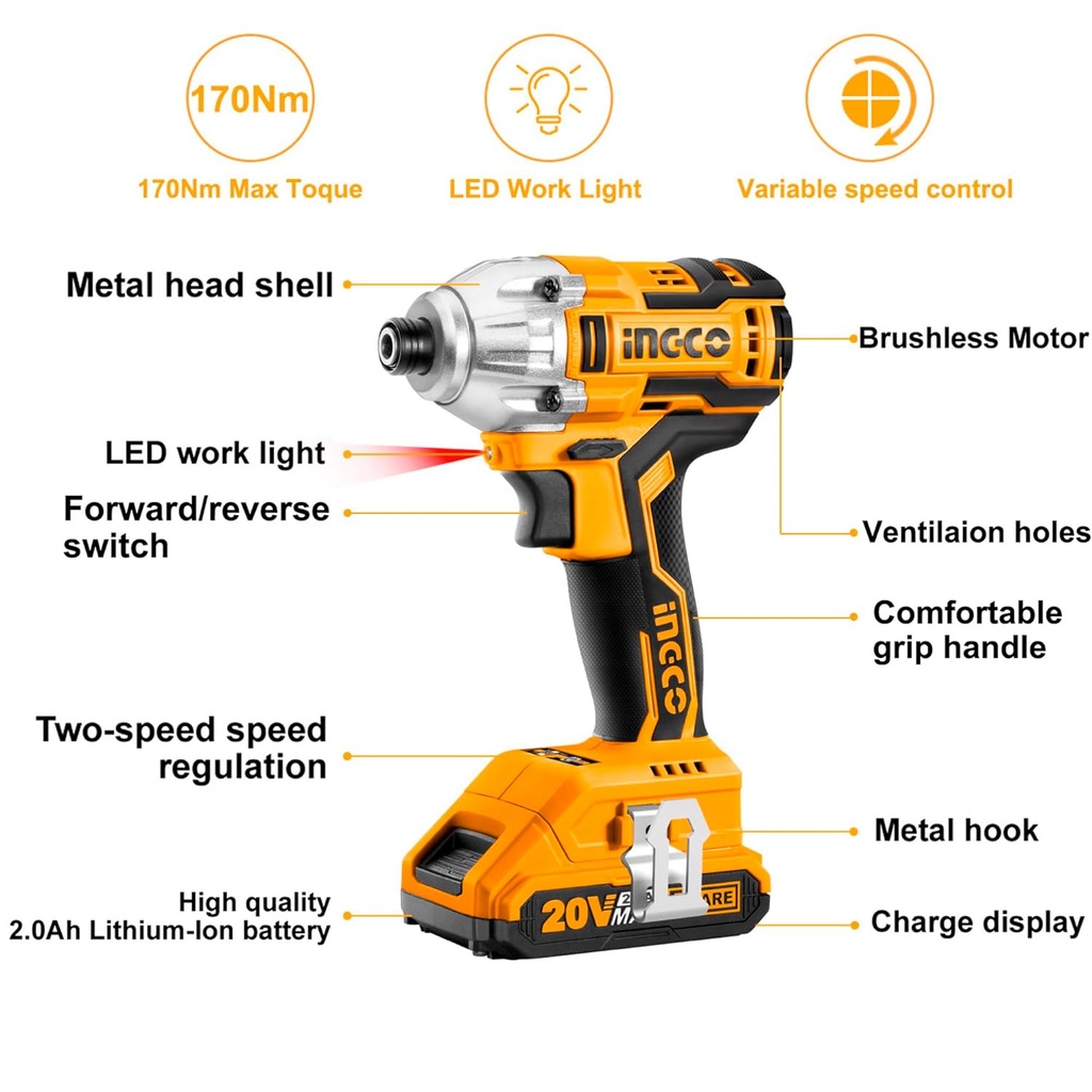 CORDLESS IMPACT DRIVER 20V INGCO (CIRLI2002)
