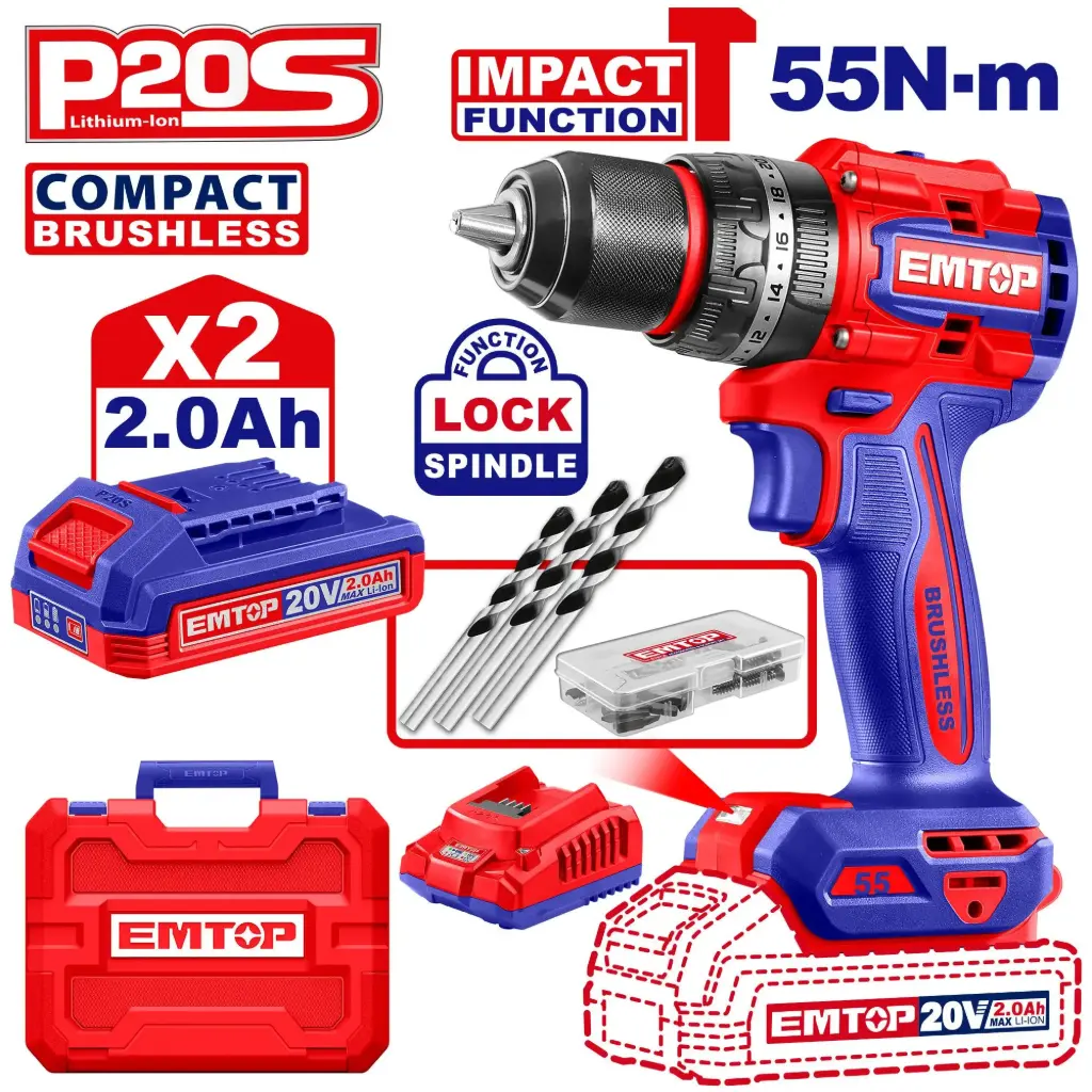 CORDLESS IMPACT DRILL 20V 55 Nm EMTOP (ECIDL20558)