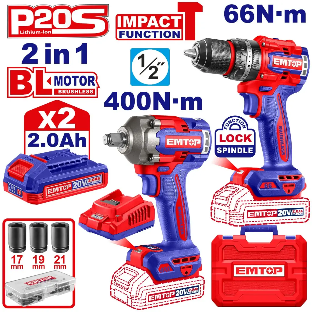 CORDLESS DRILL & IMPACT WRENCH SET EMTOP (ECKL20275)