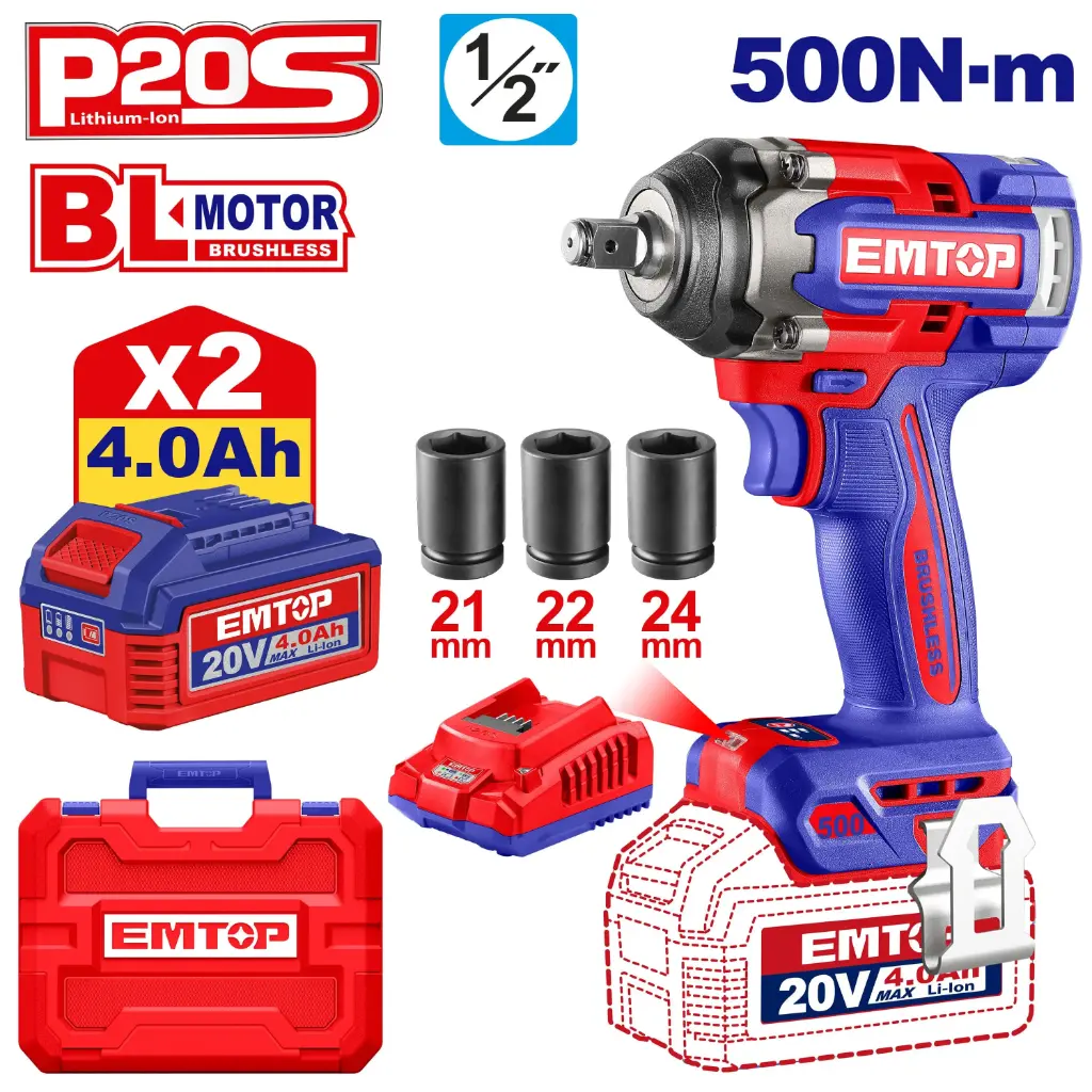 CORDLESS IMPACT WRENCH 500NM EMTOP (ECIWL2050)