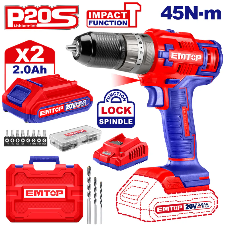 CORDLESS IMPACT DRILL 20V EMTOP (ECIDL6200128)