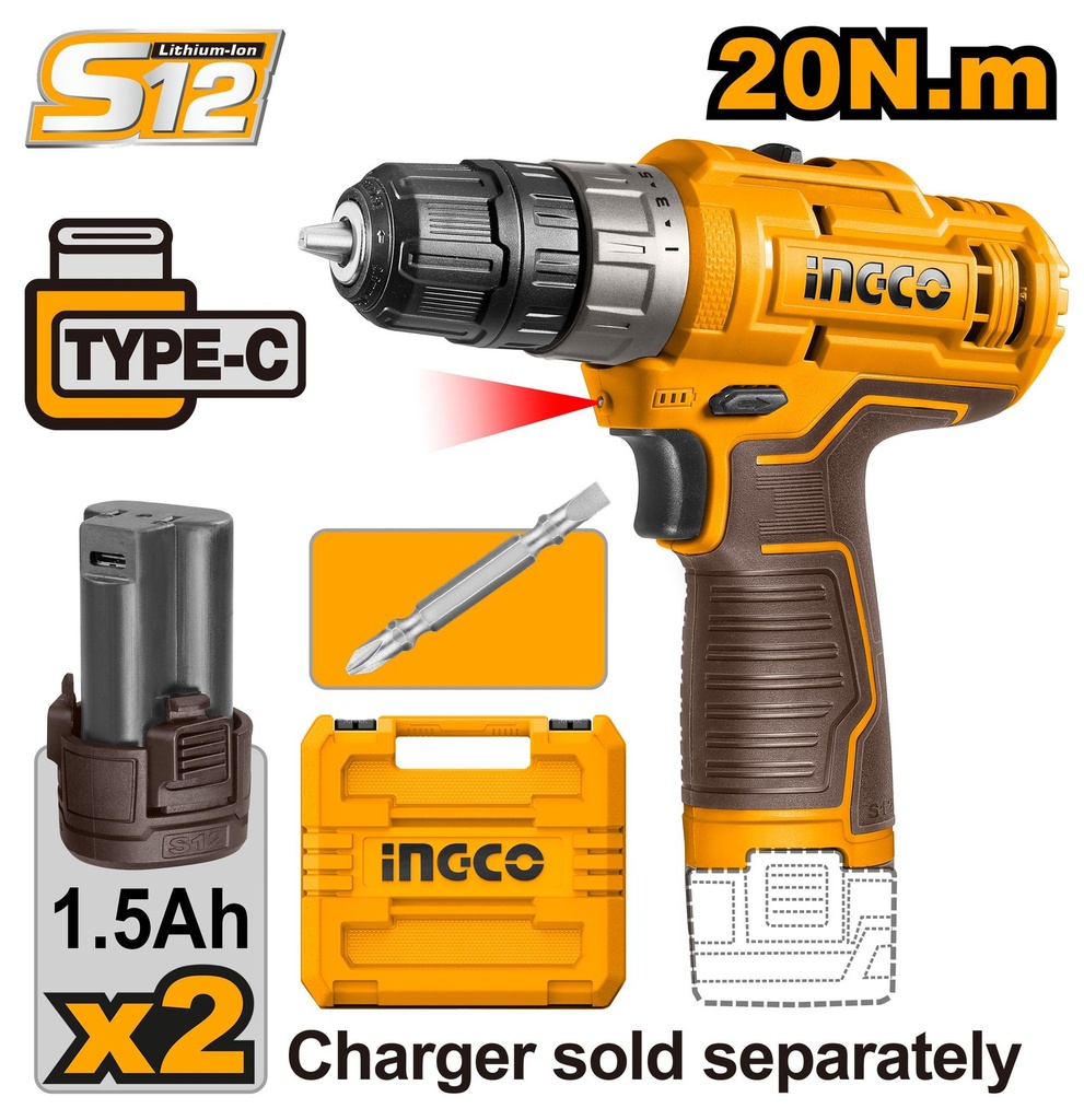 CORDLESS DRILL 12V DUAL INGCO (CDLI12202)