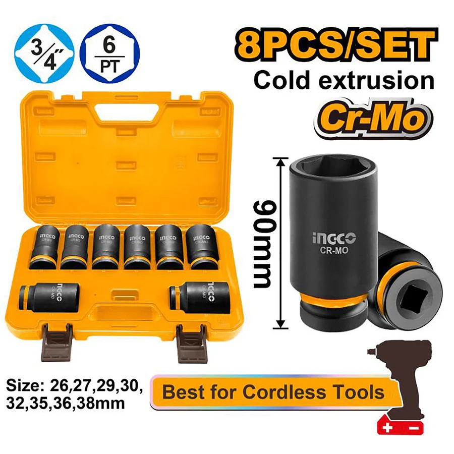 8PCS 3/4 DEEP IMPACT SOCKET SET INGCO (HKISSD34082L)