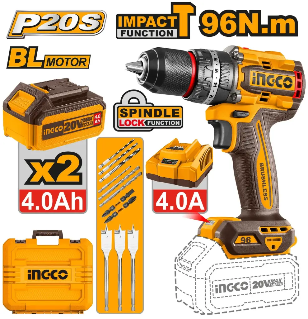 CORDLESS IMPACT DRILL 20V  96Nm INGCO (CIDLI20968)