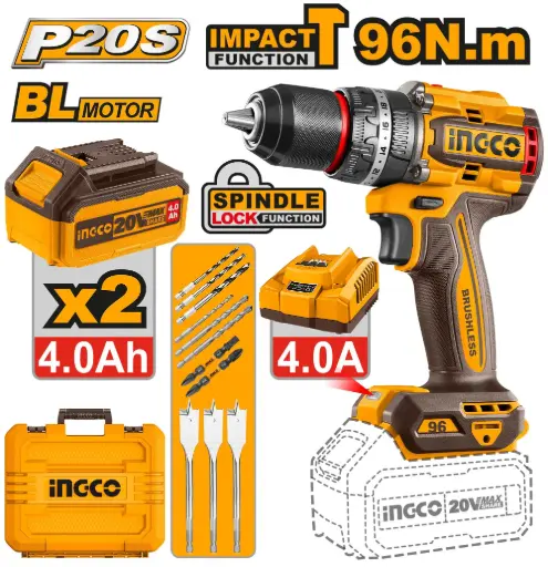 [ToolsMart6332] CORDLESS IMPACT DRILL 20V  96Nm INGCO (CIDLI20968)